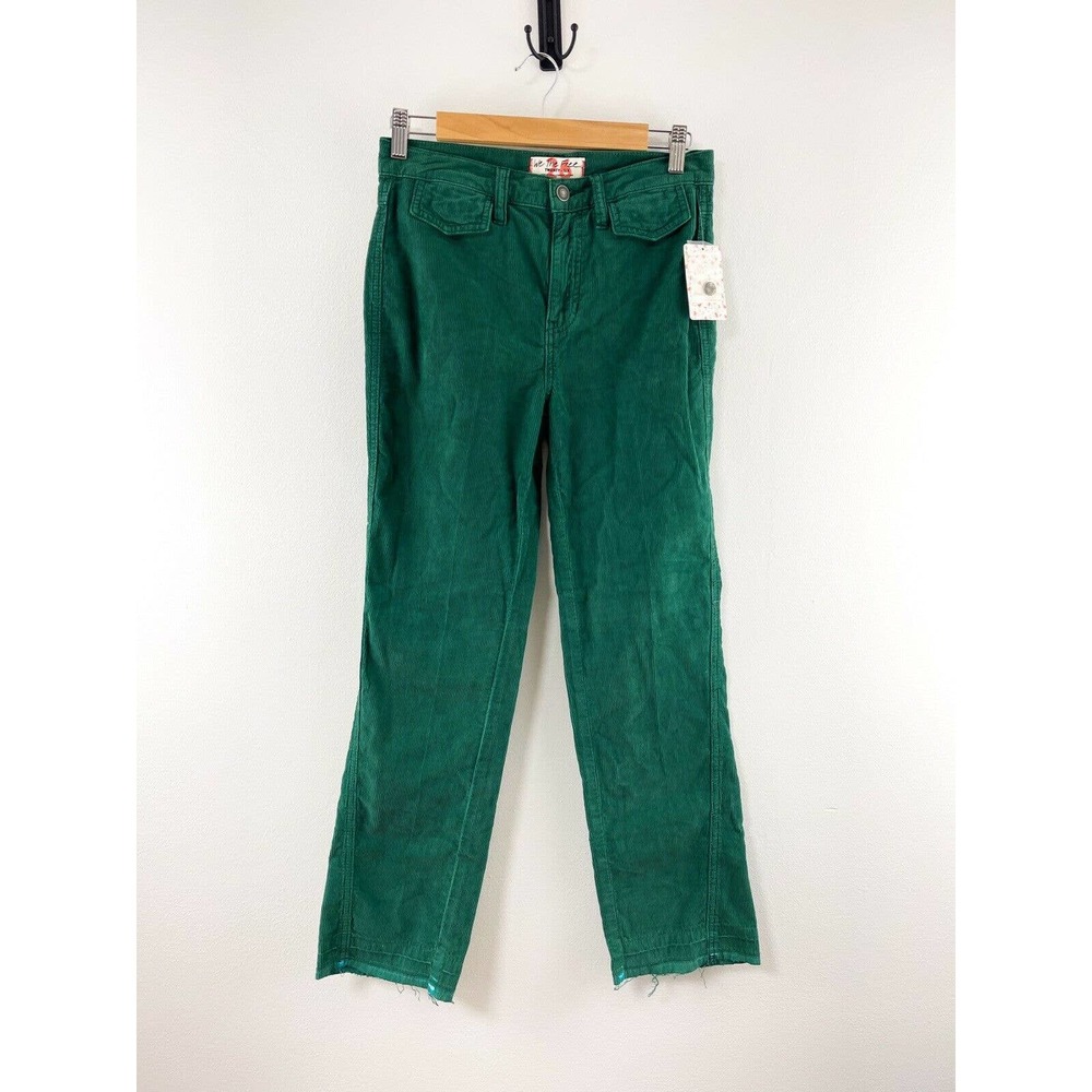 NWT Size 26 Free People Straight Leg Corduroy Green Pant with Raw Hem